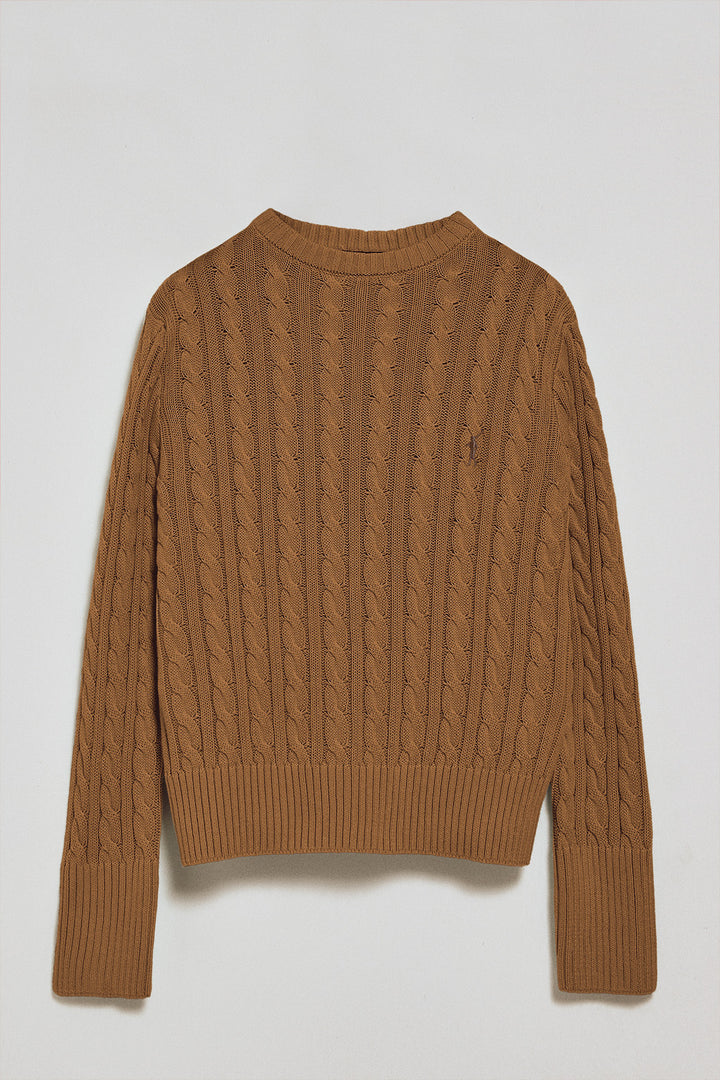 Jersey color camel trenzado de cuello redondo y bordado Rigby Go