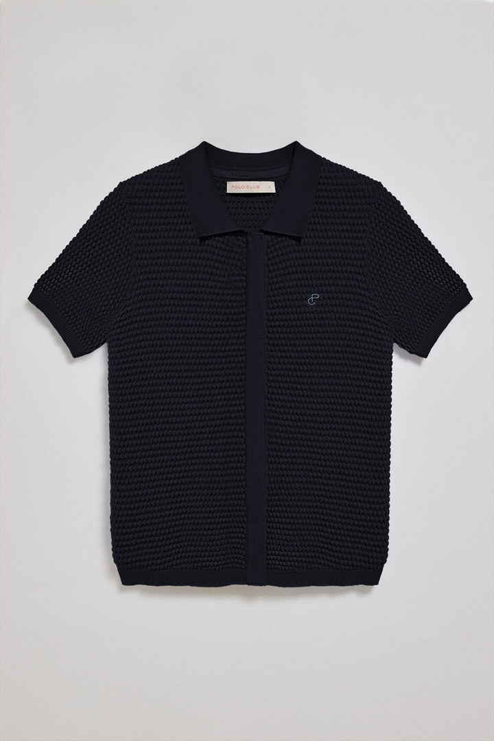 Navy-blue buttoned T-shirt Lirio with embroidered monogram