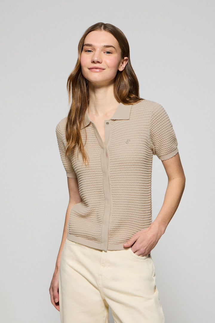 Jersey abotonado de punto beige Lirio con monograma bordado