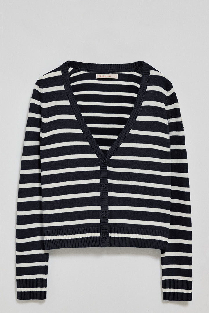 Cardigan azul marinho às riscas com escudo náutico