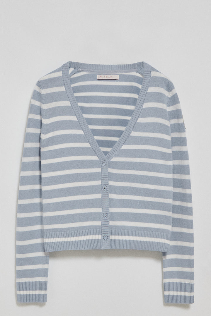 Cardigan azul claro às riscas com escudo náutico