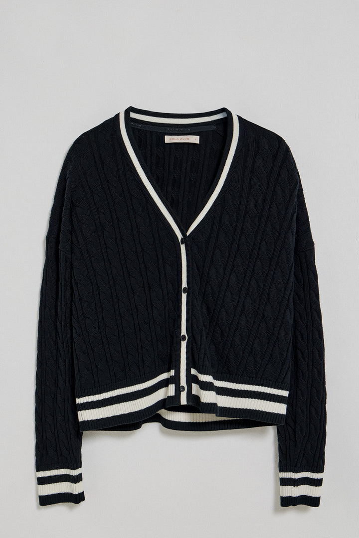 Cardigan azul marinho curto trançado abotoado e emblema náutico