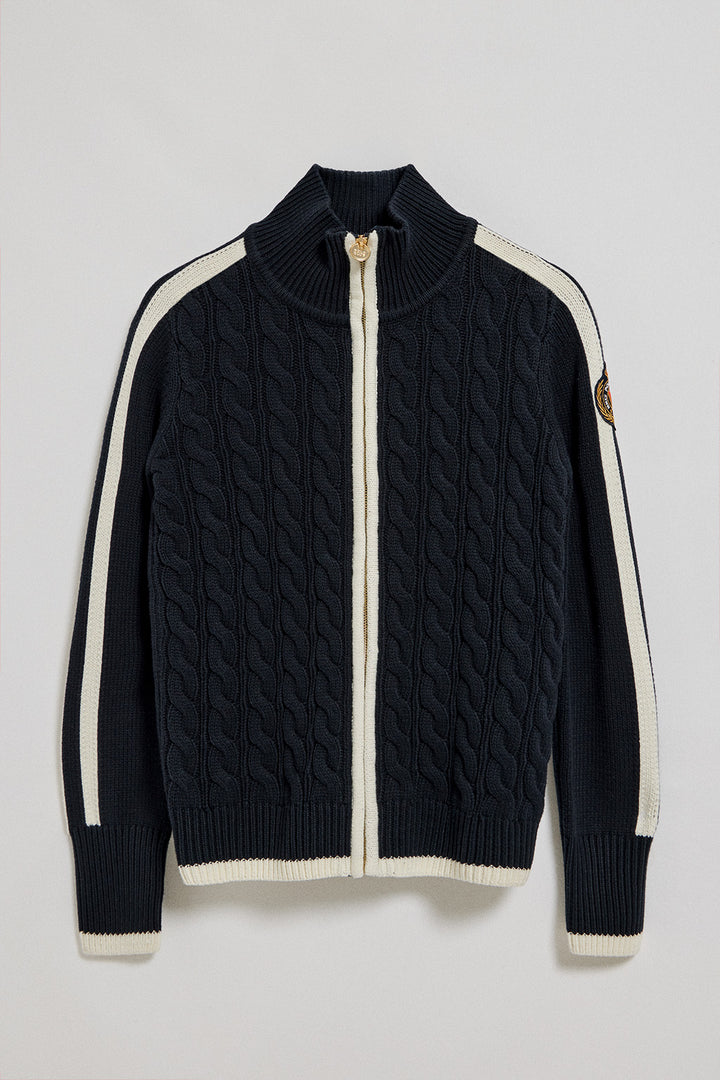 Cardigan azul marinho com fecho de correr e emblema Nautic Polo Club