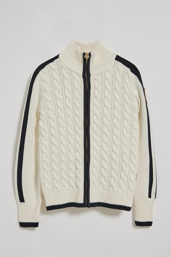 Cardigan bege com fecho de correr e emblema Nautic Polo Club