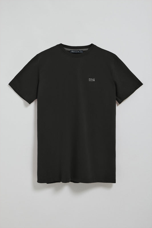 T-shirt preta básica com decote redondo com pormenor bordado