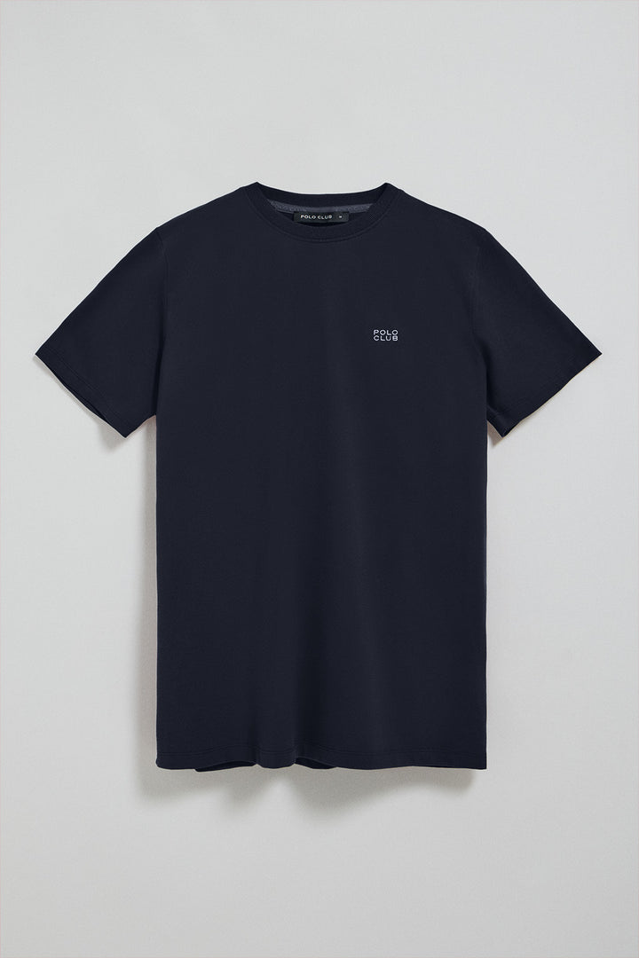 Navy-blue round-neck basic T-shirt with embroidered detail
