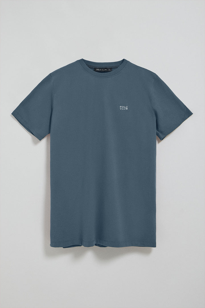 Camiseta azul denim básica de cuello redondo con detalle bordado