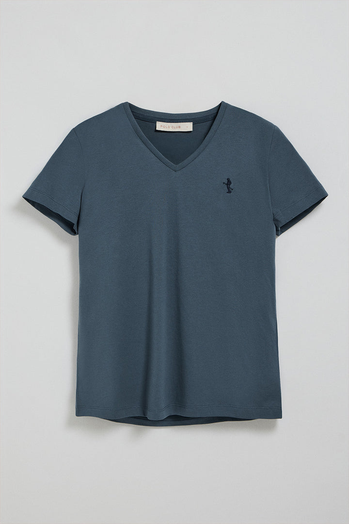 Denim-blue V-neck T-shirt with Rigby Best embroidery