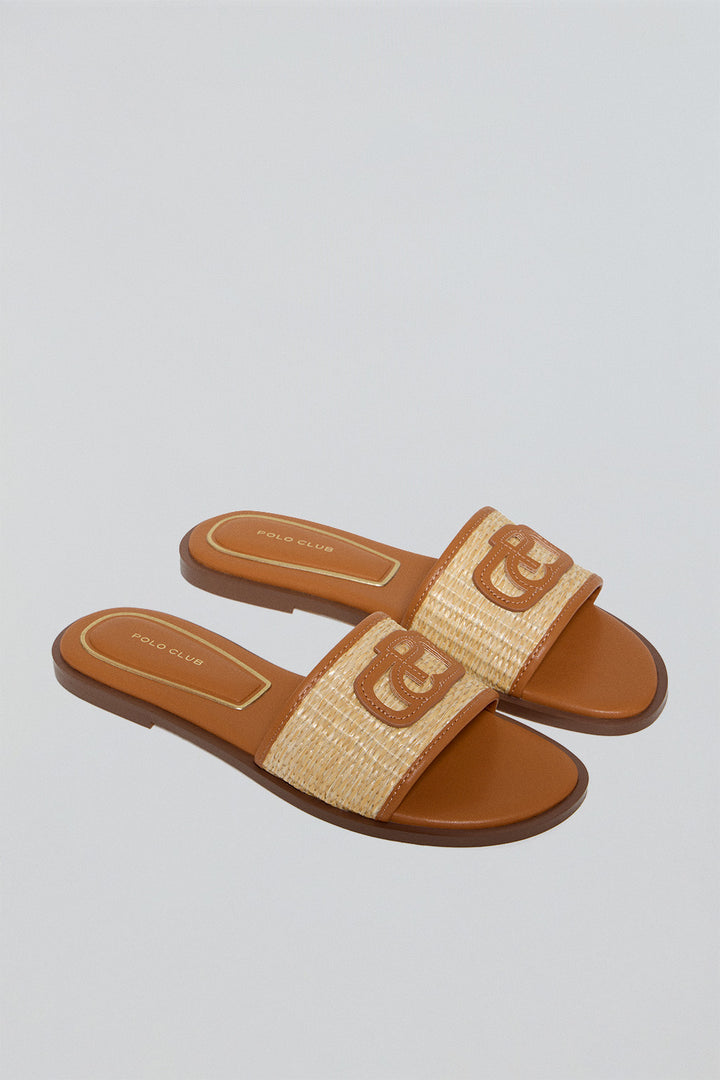 Brown raffia sandal Greta with PC logo