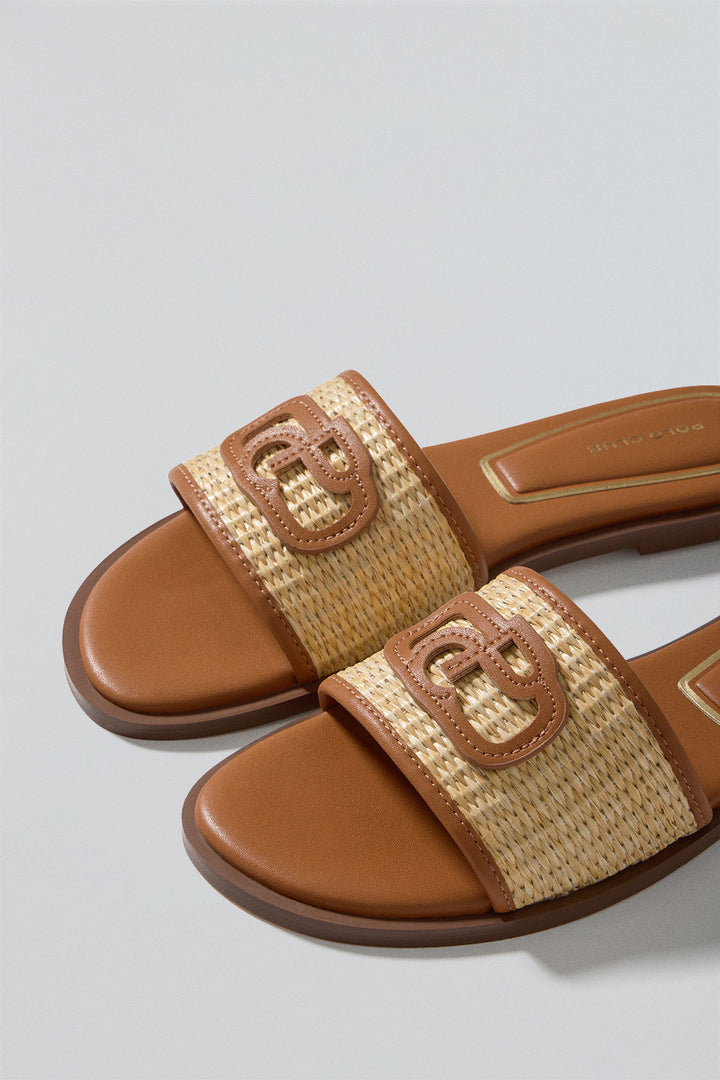 Brown raffia sandal Greta with PC logo