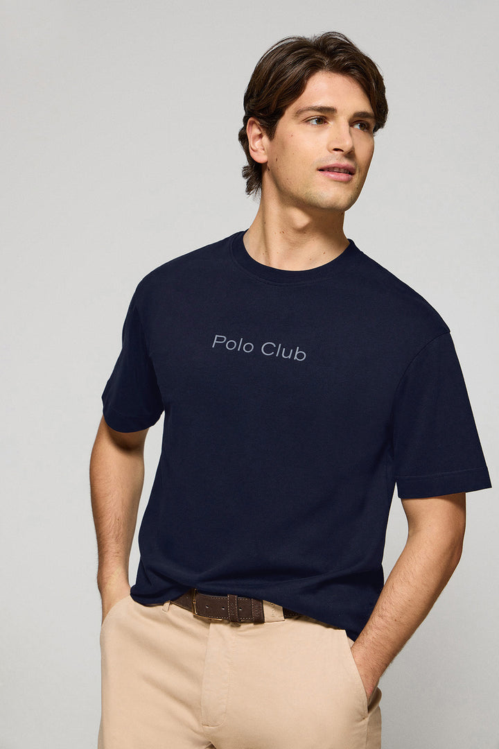 Navy-blue round-neck short-sleeve tee with Polo Club logo