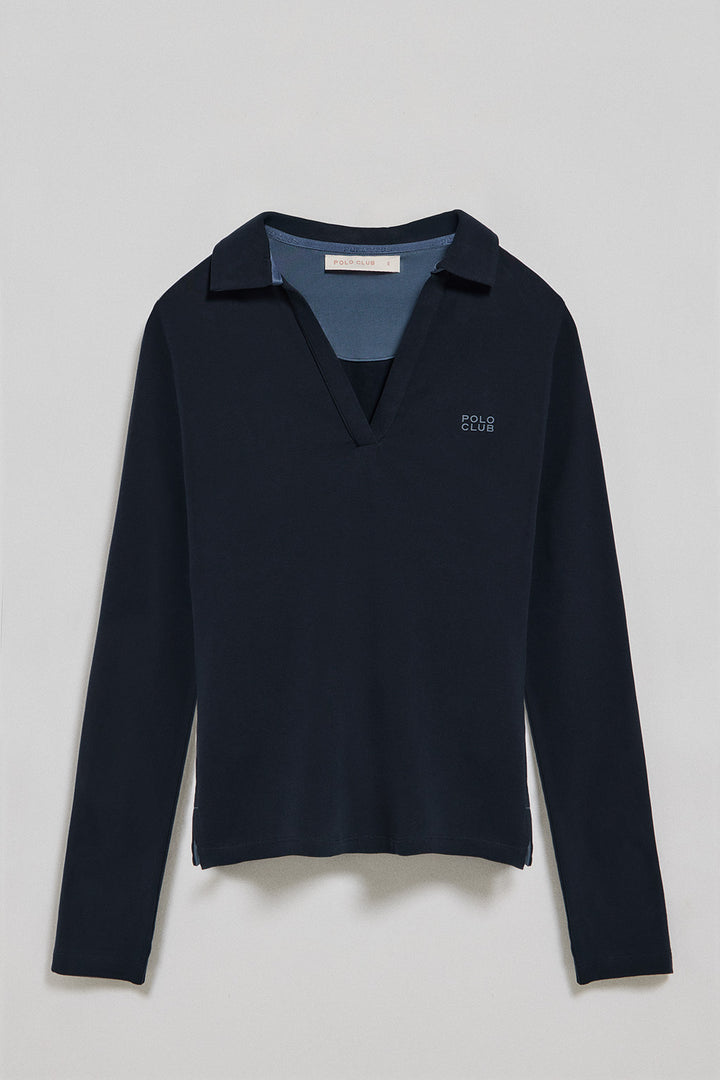 Koszulka polo Pia w kolorze navy, bez guzików, z gumowanym logo Polo Club