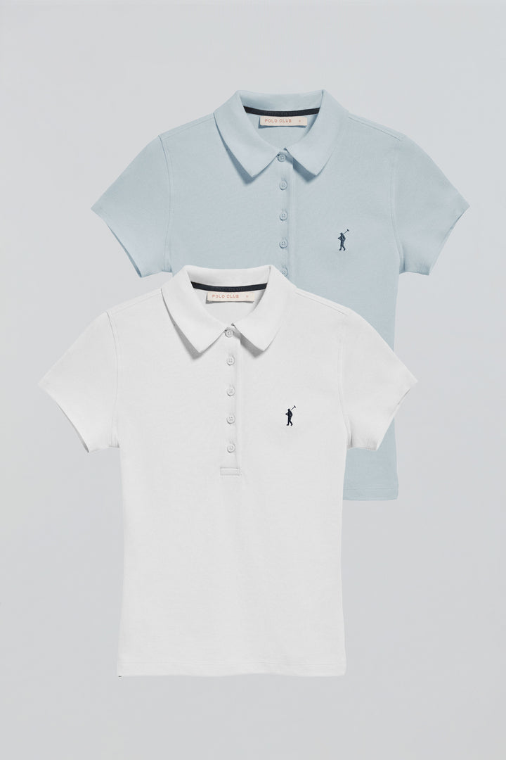 Pack mujer de dos polos azul claro y blanco con logo Rigby Go