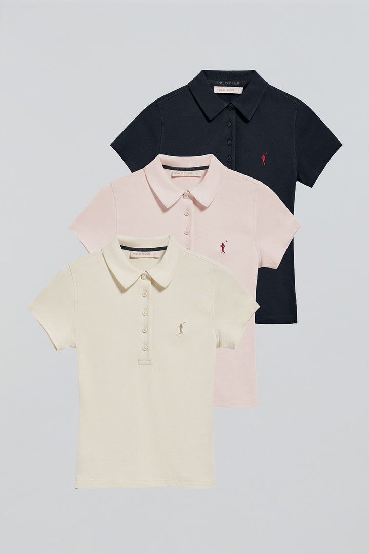 Pack de tres polos azul marino, color crudo y rosa con logo Rigby Go