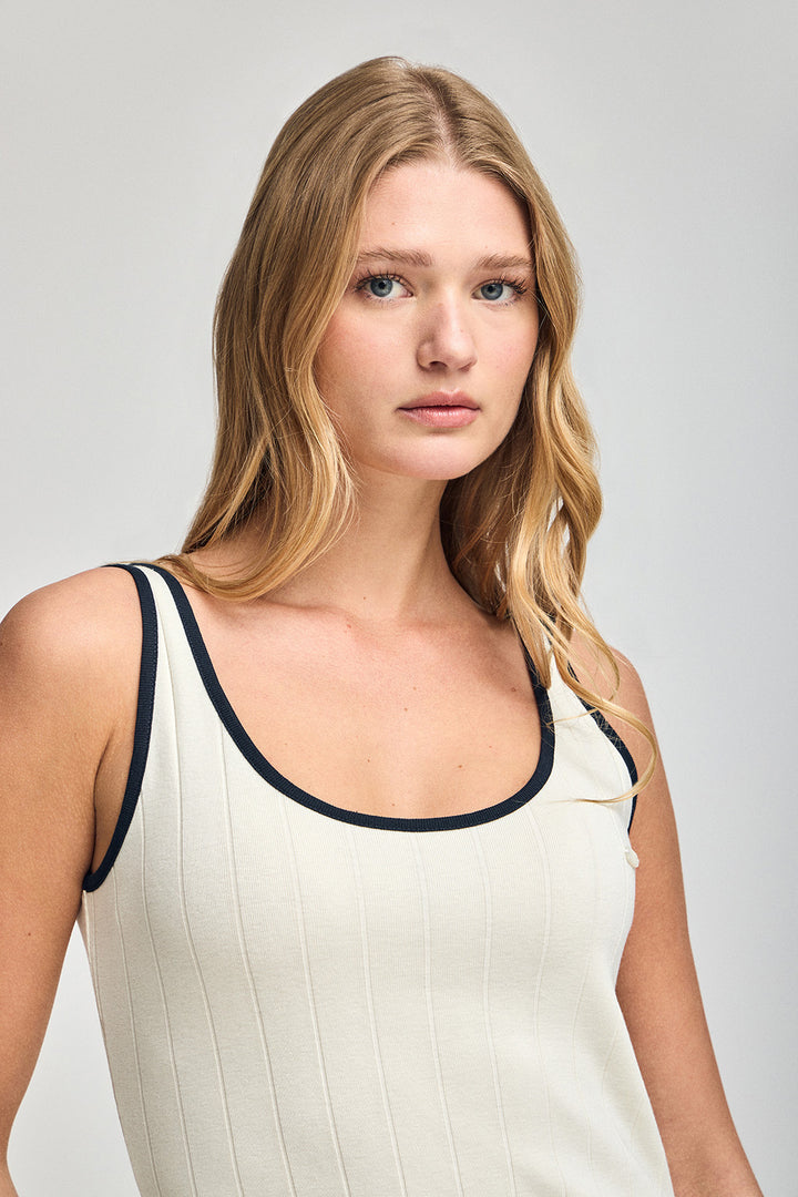 Nude ribbed strappy dress with pearly button