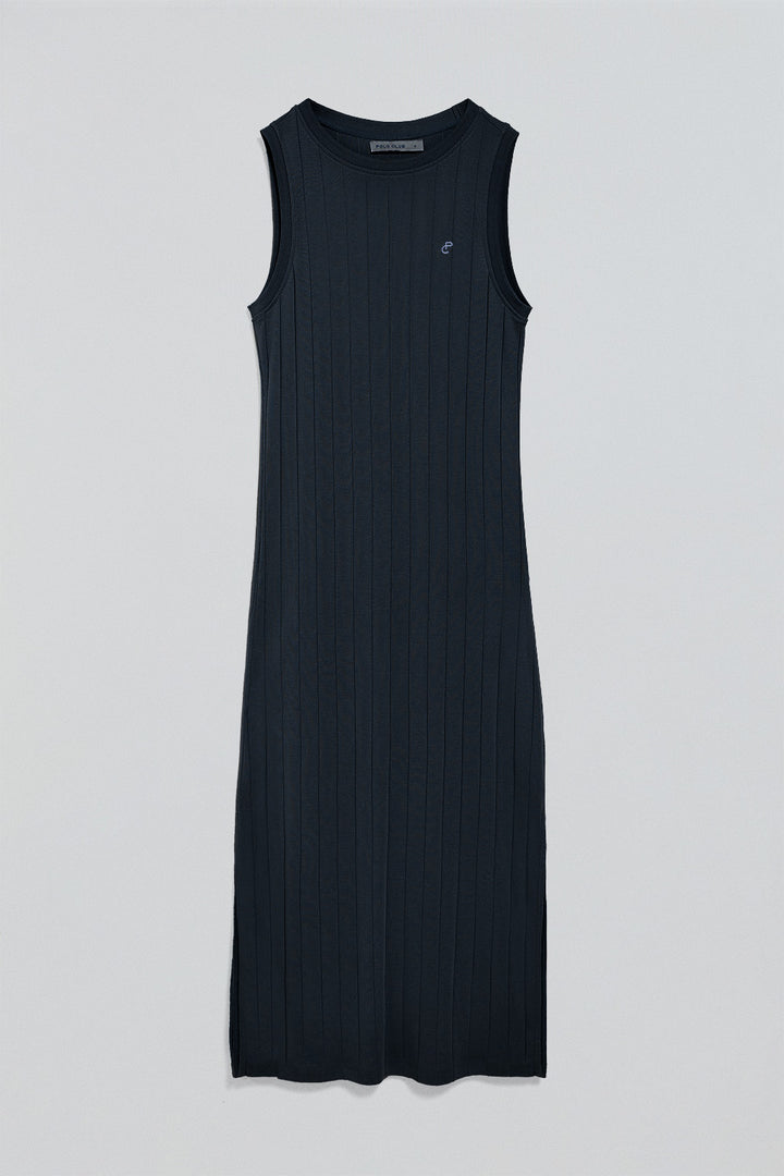 Vestido azul marinho comprido e canelado com monograma bordado
