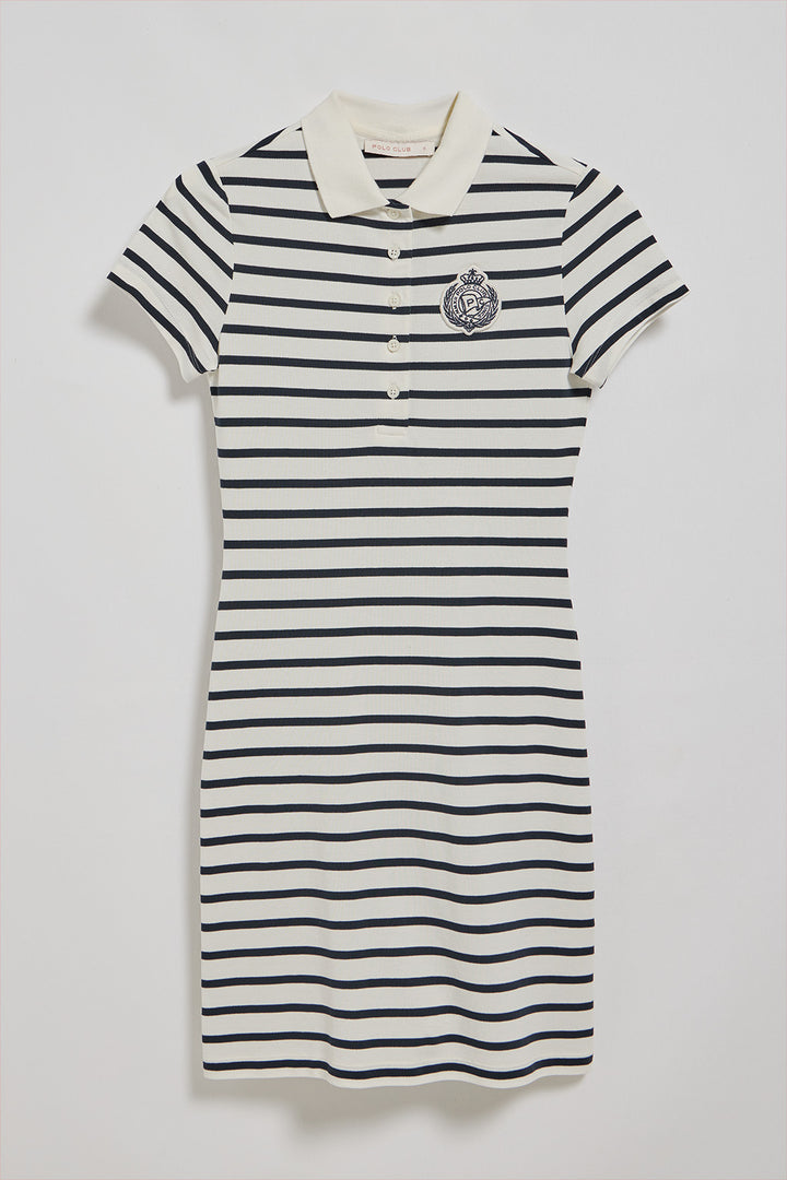 Vestido cor crua às riscas e gola polo com emblema náutico