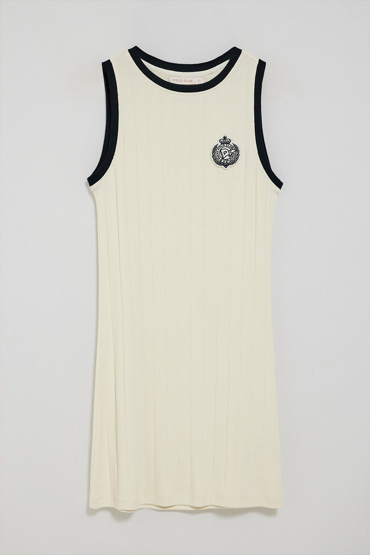 Vestido de cor crua canelado com emblema náutico