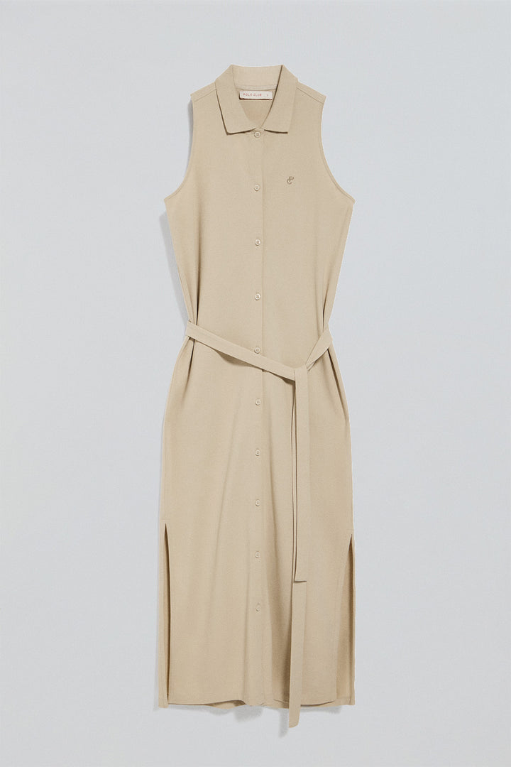 Vestido bege sem mangas abotoado com monograma bordado