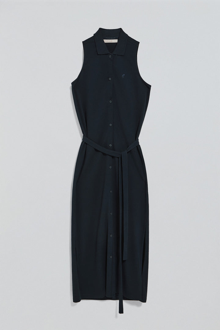 Vestido azul marinho sem mangas abotoado com monograma bordado