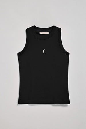 Black sleeveless basic tee with round neck and Rigby Go embroidered logo