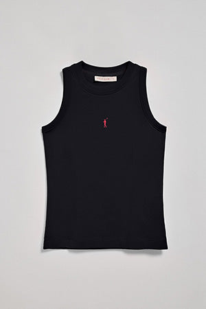 Navy-blue sleeveless basic tee with round neck and Rigby Go embroidered logo
