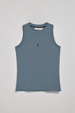 Denim-blue sleeveless basic tee with round neck and Rigby Go embroidered logo