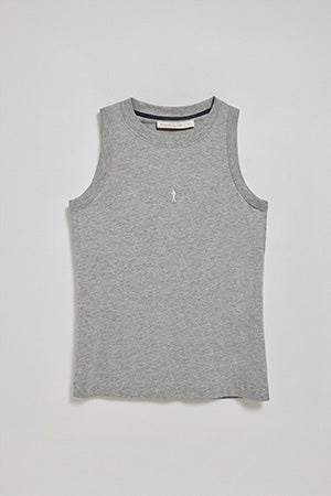 Grey-marl sleeveless basic tee with round neck and Rigby Go embroidered logo