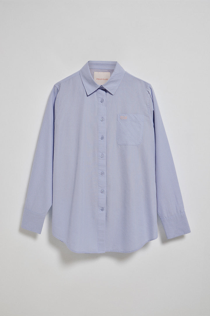 Camisa azul claro Samanta de algodón a rayas con logo bordado