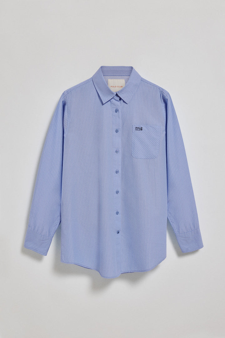 Camisa Samanta azul de algodão às riscas com logo bordado