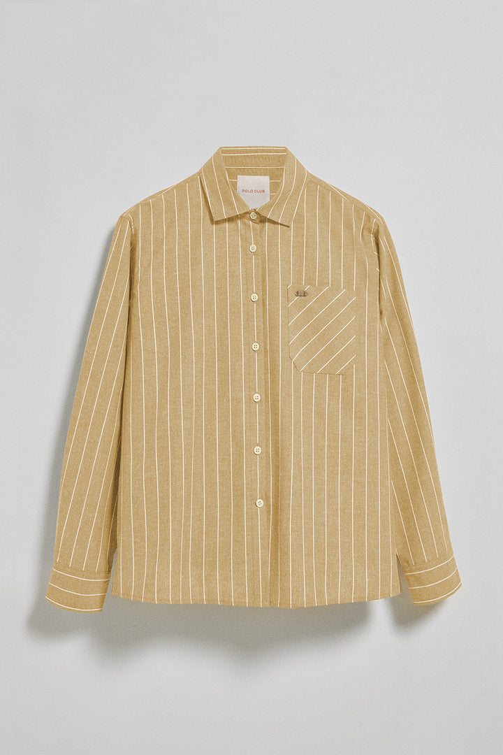 Camisa Scarlet cor de mostarda às riscas loose fit com botão de pérola