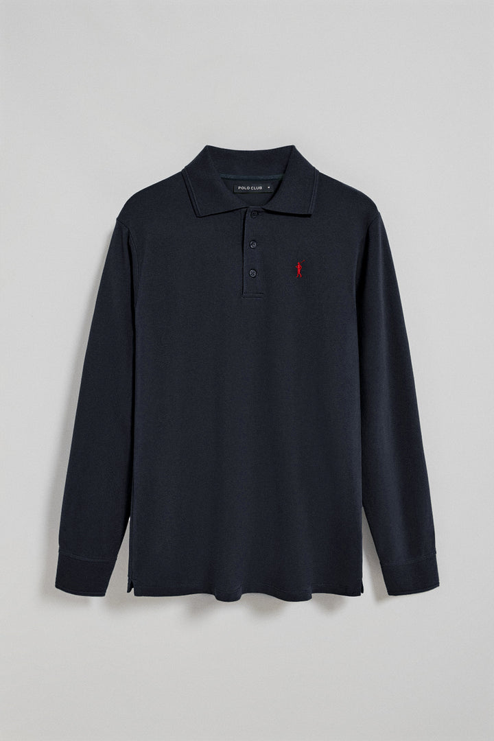 Navy-blue long-sleeve polo shirt with three buttons and Rigby Go embroidery