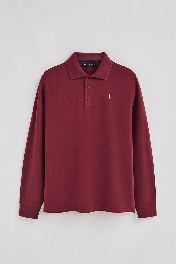 Maroon long-sleeve polo shirt with three buttons and Rigby Go embroidery