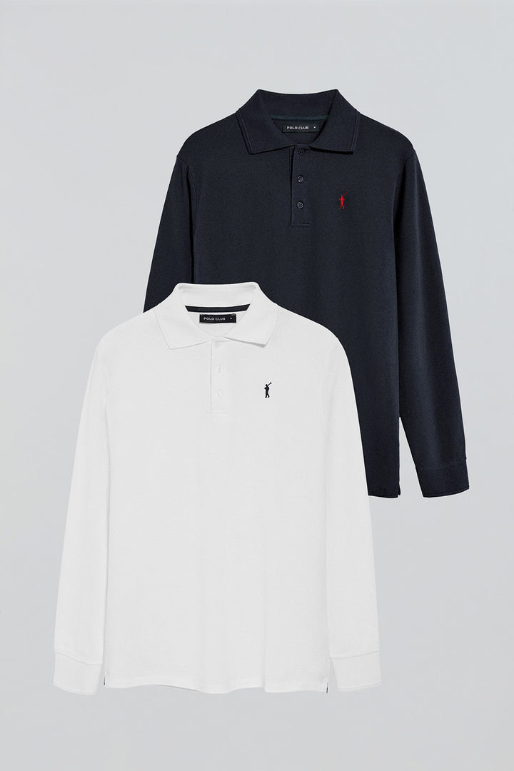 Long-sleeve polo shirt with Rigby Go logo 2 pack (navy blue and white)