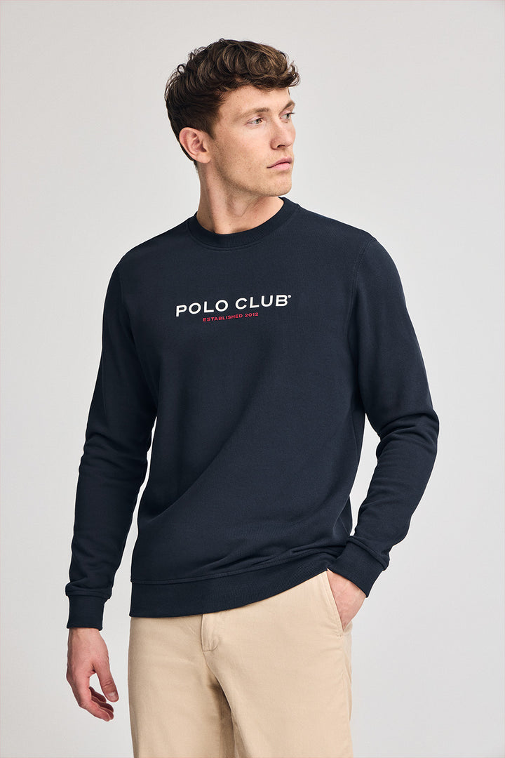 Sweatshirt azul marinho regular com decote redondo e print engomado