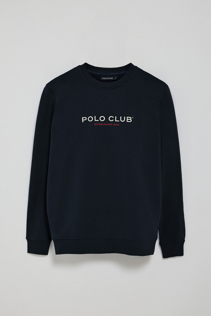 Sweatshirt azul marinho regular com decote redondo e print engomado