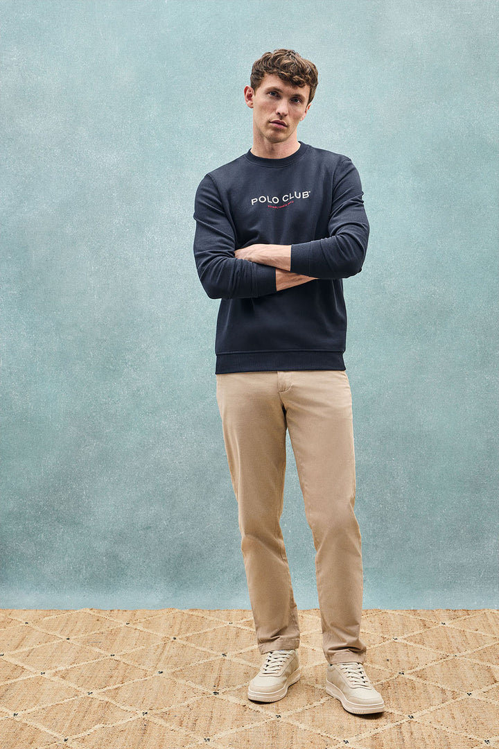 Sweatshirt azul marinho regular com decote redondo e print engomado