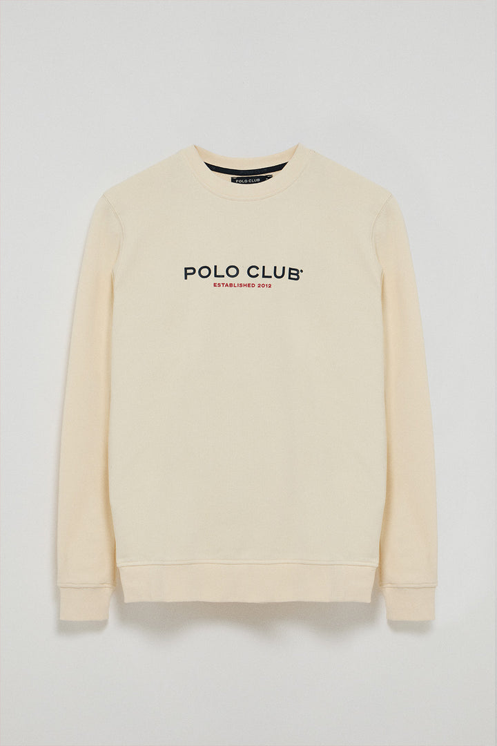 Sweatshirt cor crua regular com decote redondo e print engomado