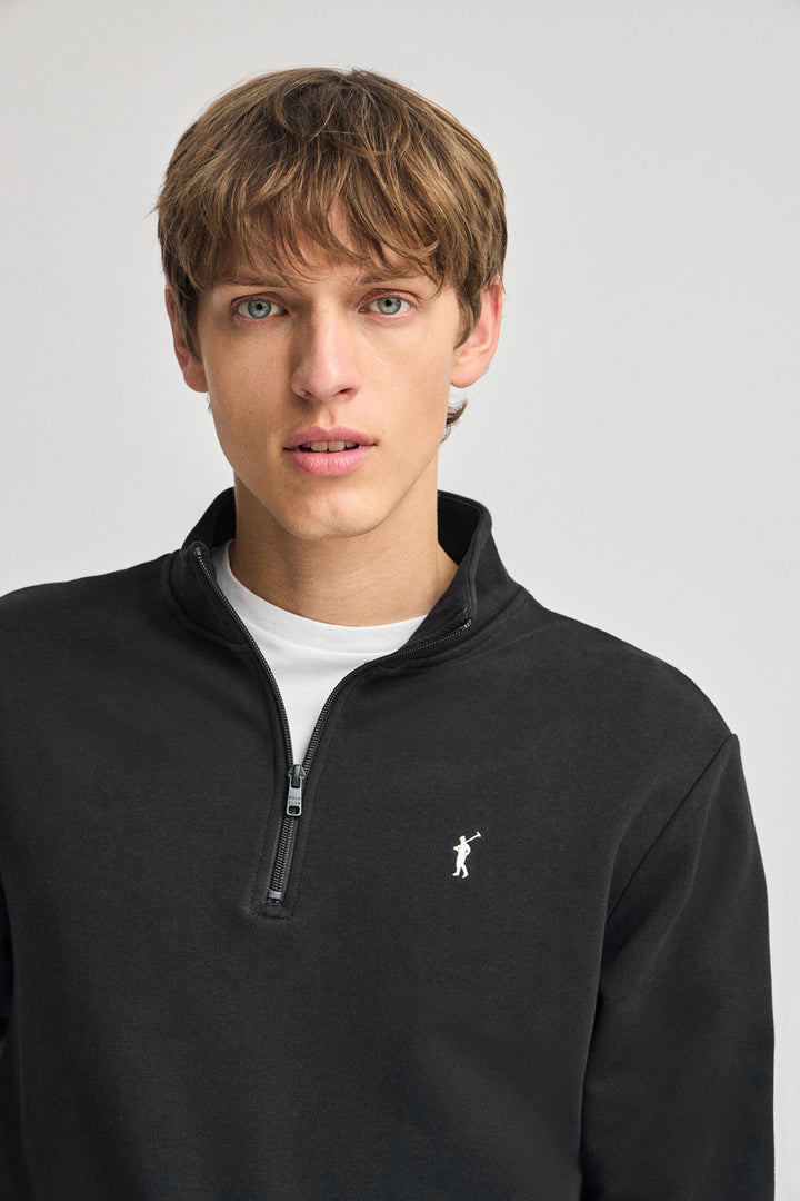 Sweatshirt preta com meio fecho de correr e bordado Rigby Go
