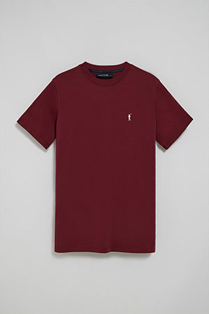 Maroon round-neck T-shirt with Rigby Go embroidery