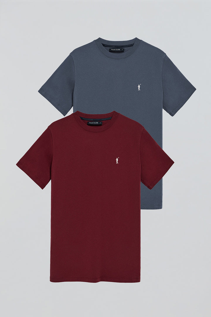 Pack de dos camisetas granate y azul denim con cuello redondo y logo bordado Rigby Go