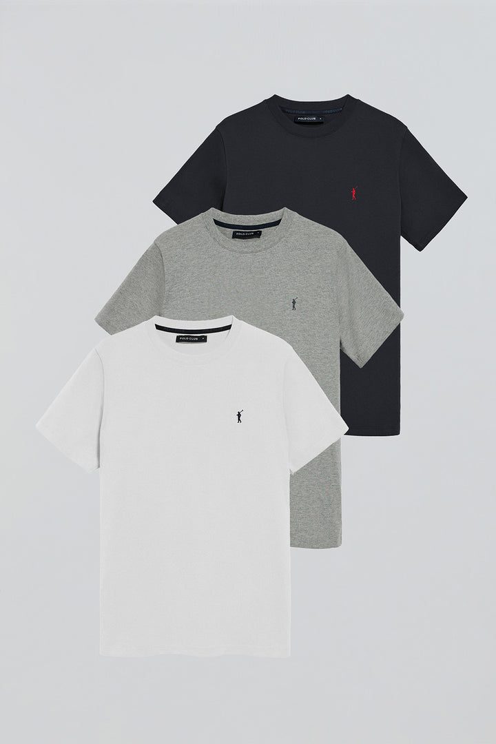 Pack de três t-shirts de manga curta em azul marinho, branco e cinza vigoré om logo Rigby Go