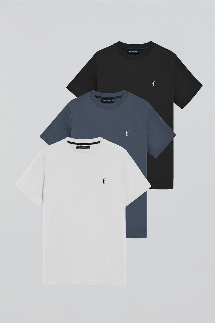 Short-sleeve T-shirt with Rigby Go logo 3 pack (black, denim blue and white)