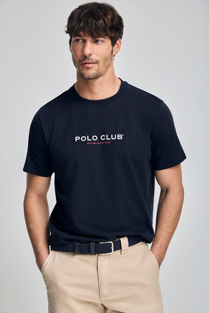 Navy-blue round-neck T-shirt with rubber logo