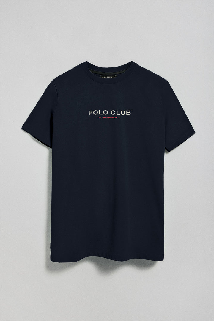 Navy-blue round-neck T-shirt with rubber logo