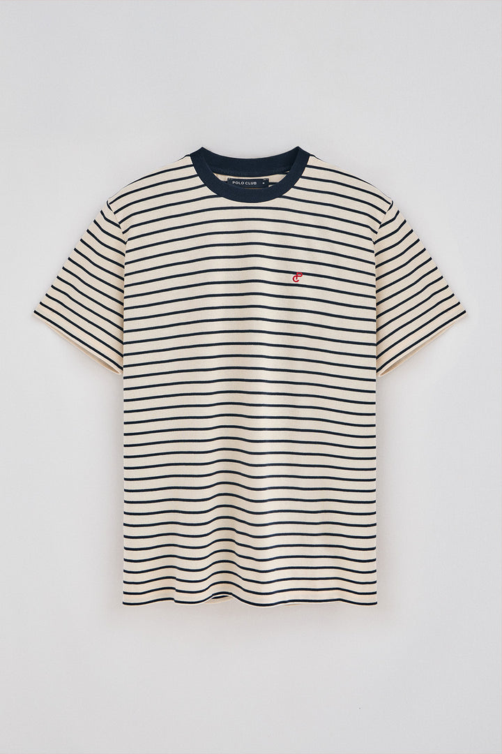 Camiseta de rayas azul marino y beige con monograma bordado