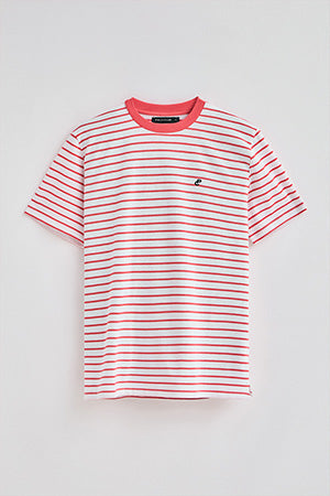 Camiseta de rayas color coral y beige con monograma bordado