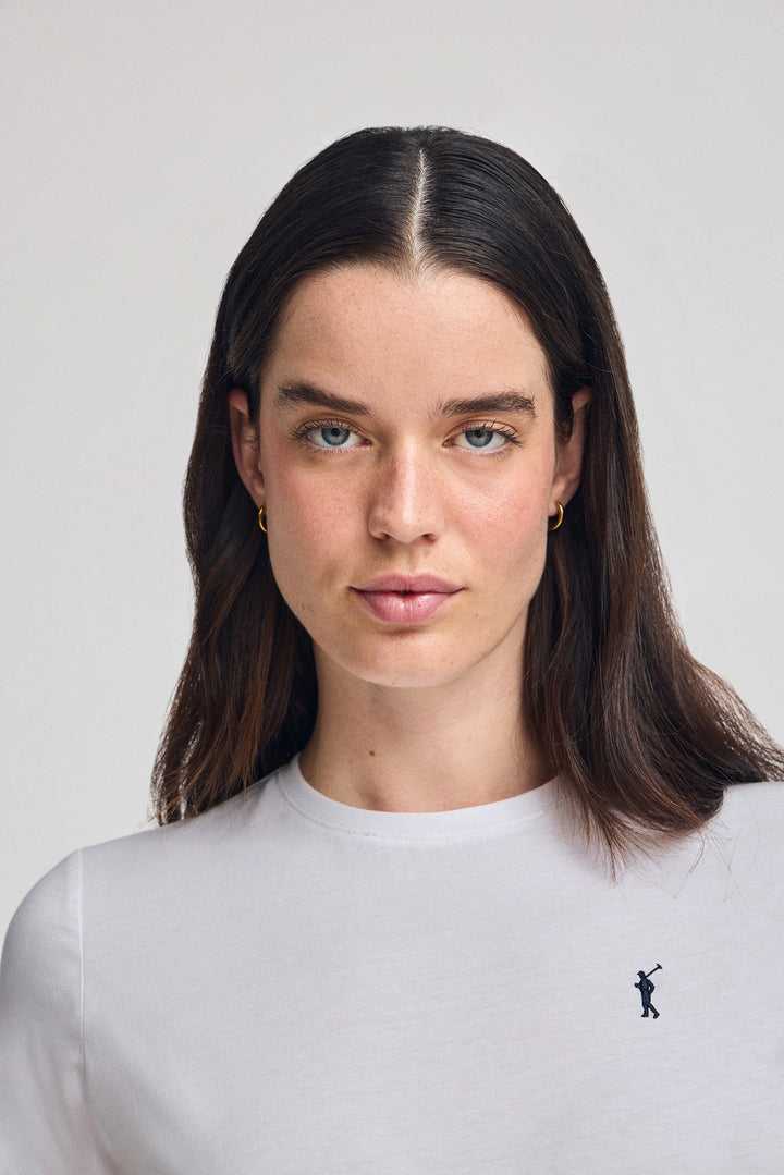 White round-neck T-shirt with Rigby Go embroidery