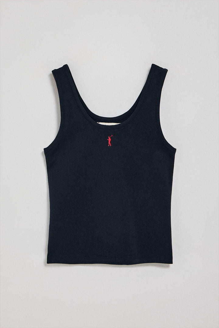 Navy-blue tank top with Rigby Go embroidery