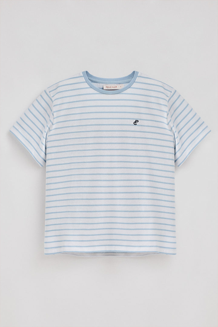 Light-blue and beige striped T-shirt with embroidered monogram